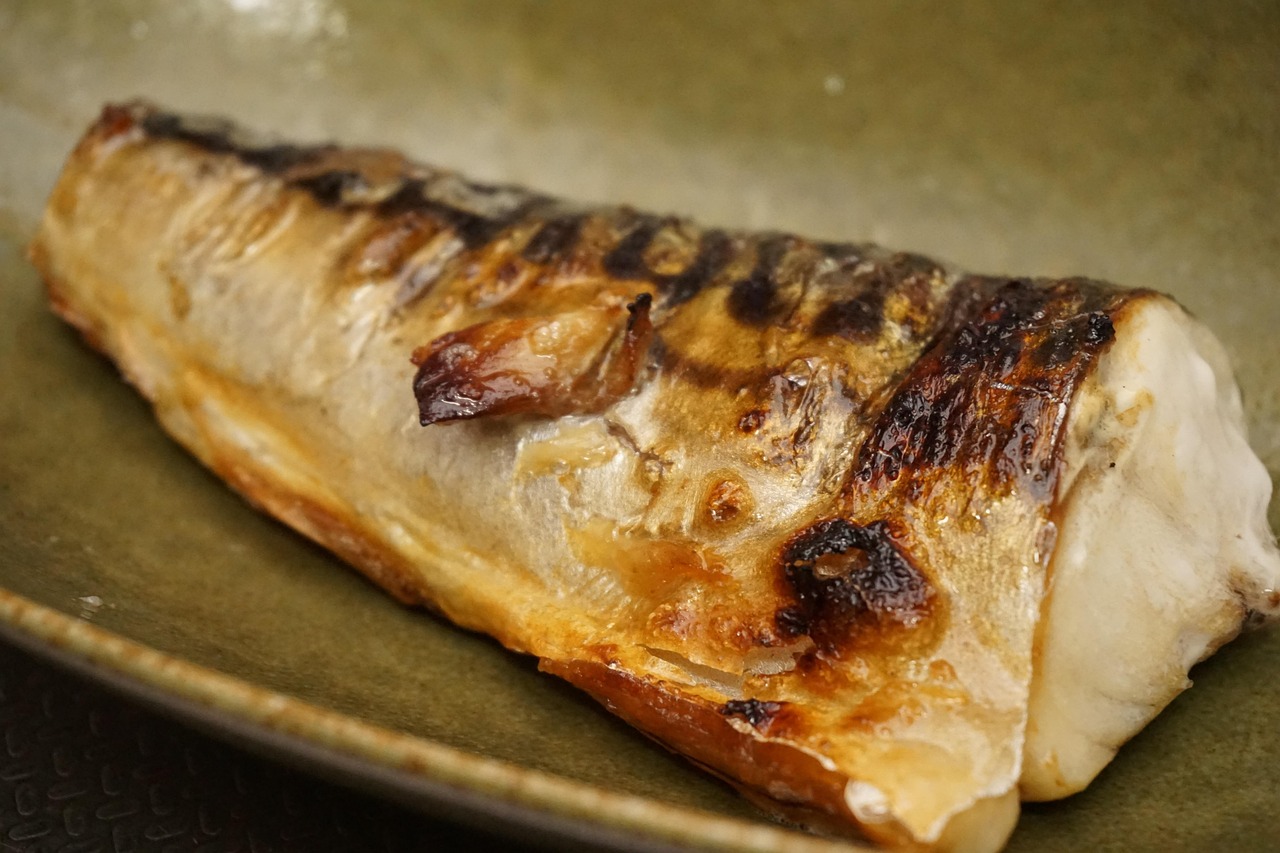 脂質を含む食品の代表例として和食器に盛られた焼き目のついた塩さばの切り身
