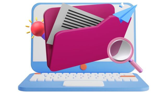 ノートパソコンの画面から飛び出すフォルダと書類、虫眼鏡で探している3Dイラスト