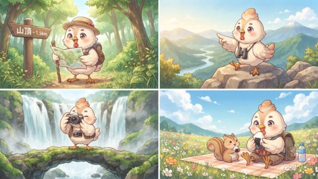 とりじんが登山・滝・高原ピクニックを楽しむ4コマイラスト
