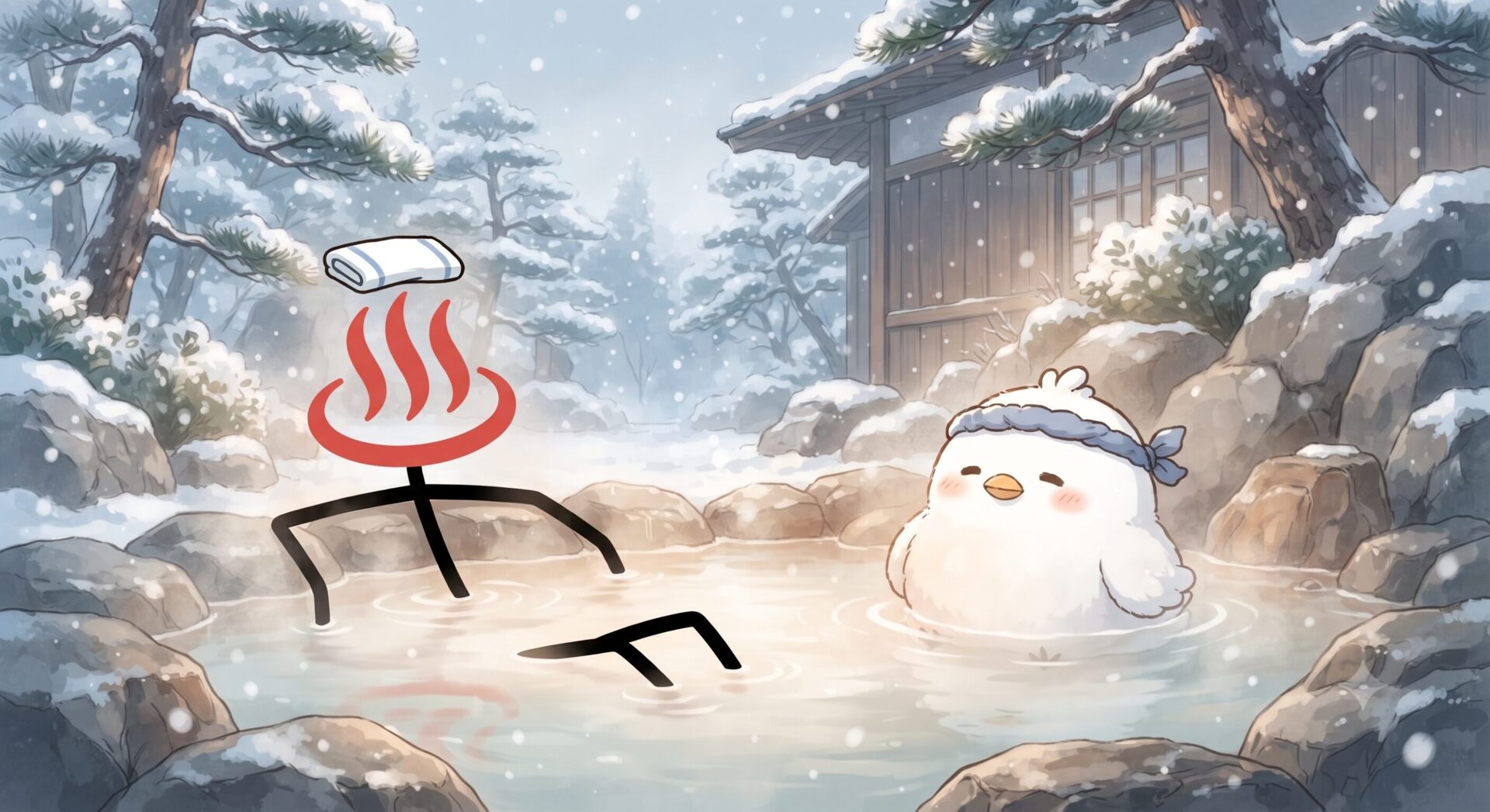 とりじんとゆーじんが露天風呂に浸かるイラスト