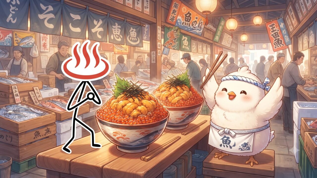 とりじんとゆーじんが海鮮市場でうに・いくら丼を楽しむイラスト