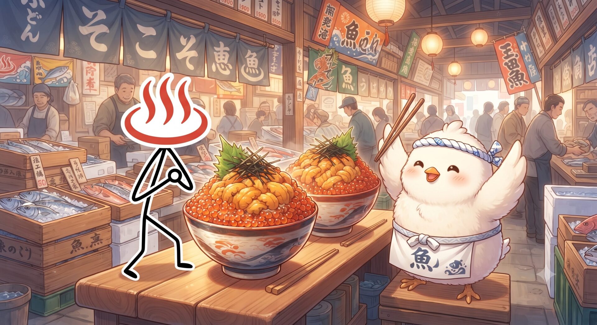 とりじんとゆーじんが市場でお土産を選ぶイラスト