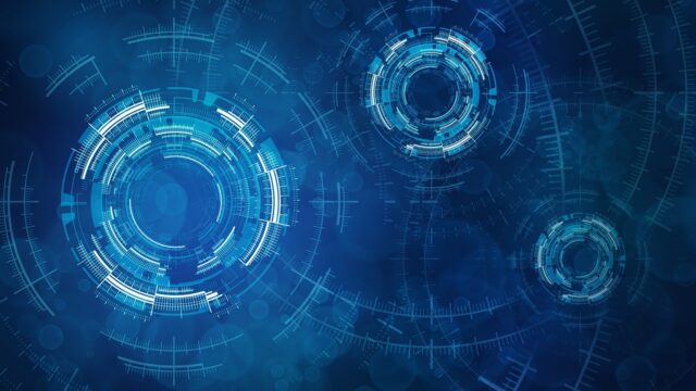 青いデジタル回路のような抽象イメージ、生成AIとサイバーセキュリティのイメージ