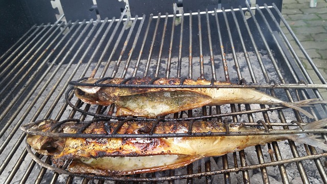 網の上で焼かれている青魚(さんま)、EPAを含む食材のイメージ