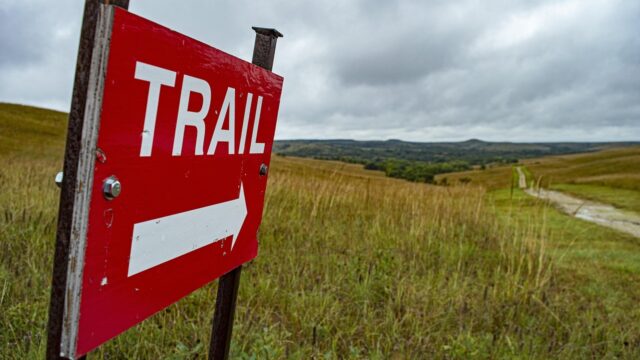 草原に立つ「TRAIL」と書かれた登山道の案内標識、曇り空の下に伸びる道