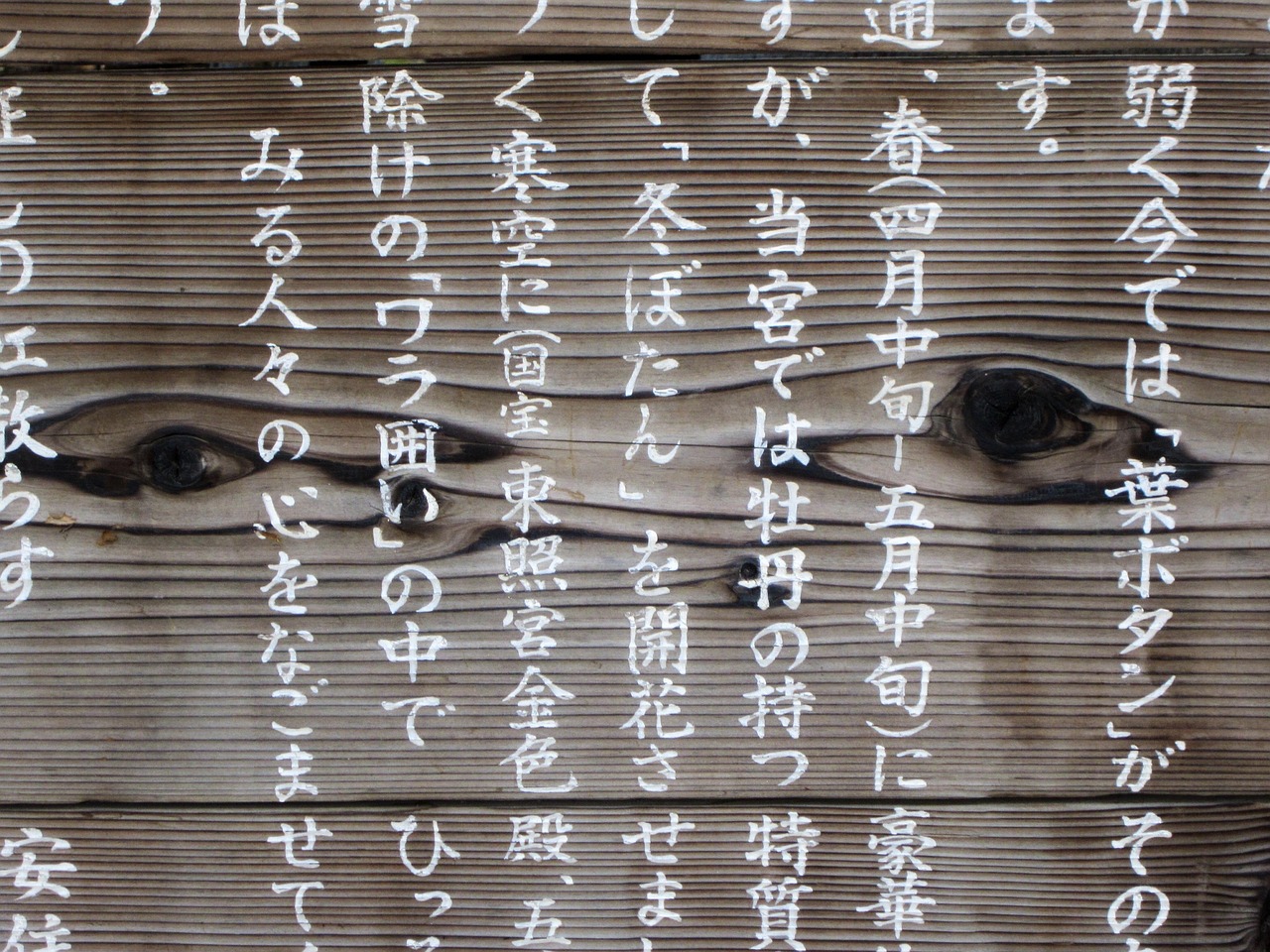 木の板に白い文字で書かれた日本語の案内文。日本語がきれいに表示されているイメージ