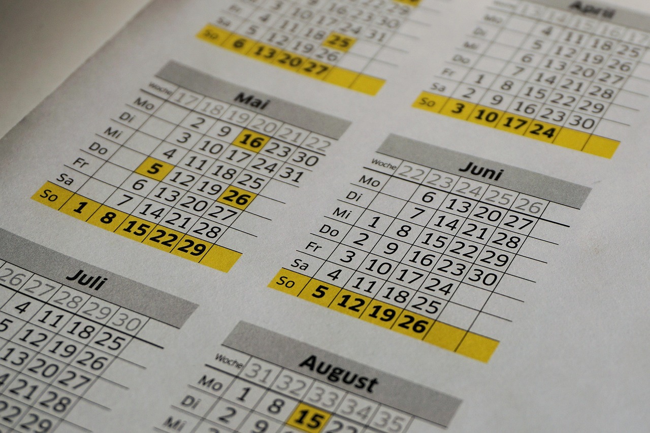 毎週同じ曜日の列に色が付いた、数か月分の年間カレンダー